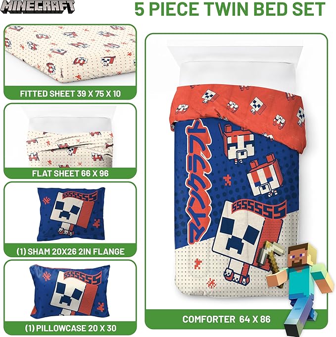 Jay Franco Minecraft Creeper Twin Comforter Set - 5 Piece Bedding Includes Sheet Set & Pillow Covers - Super Soft Red & Blue Oishi Market Kids Bedding