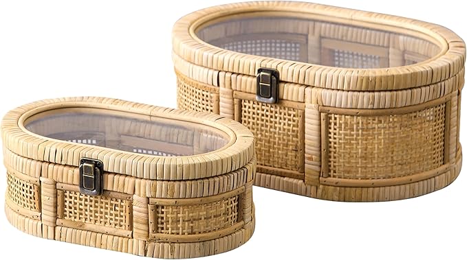 SOFE Oval Rattan Boxes with Glass Lid Set of 2, Farmhouse Stacking Decorative Boxes for Home Decor Organizers, Handwoven Boho Storage Bins, Thanksgiving, Christmas, Housewarming Gifts