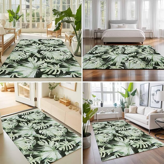 Area Rug 9x12ft, Abstract Dark Green Palm Leaves Washable Rugs for Living Room Bedroom Rectangle Floor Carpet, Watercolor Plants Soft Non-Slip Area Rugs for Dining Room
