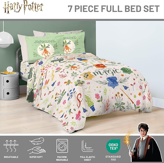 Jay Franco Harry Potter Full Size Comforter Set - 7 Piece Bedding Includes Sheet Set & Pillow Covers - Super Soft Hogwarts Herbology Bedding