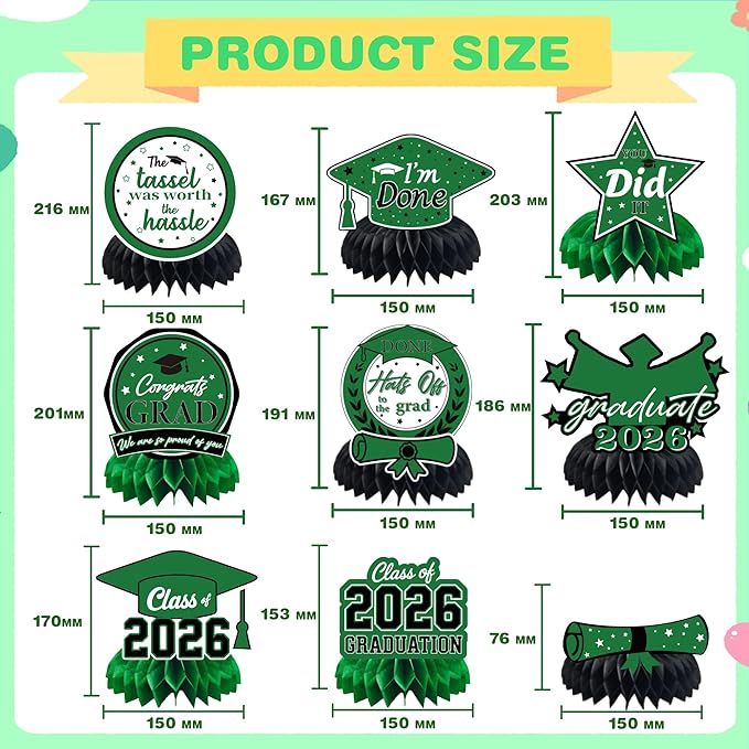 Graduation Decorations 2026 - Green Graduation Honeycomb for Table Centerpiece | Graduation Party Decorations Class of 2026,Table Toppers for Graduation Party Favors Supplies Indoor Outdoor