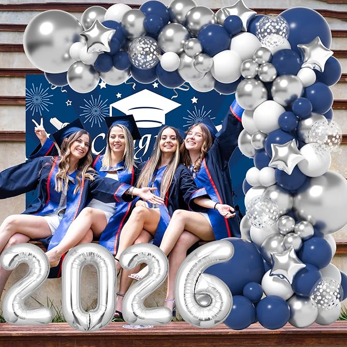 Graduation Decorations Class Of 2026: Navy Blue and Silver Graduation Decorations 2026 Graduation Balloons Arch Kit Congrats Grad Backdrop Party Supplies for High School & College Celebrations