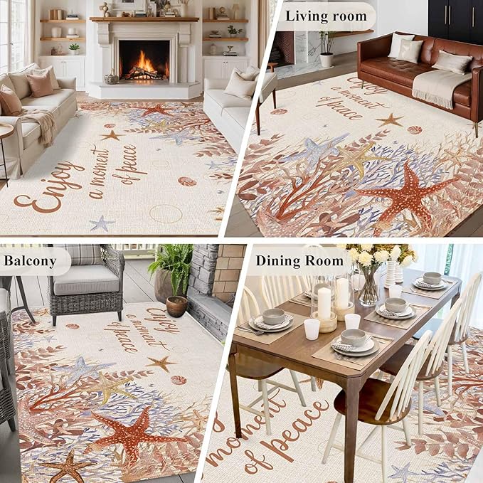 Area Rug 6x9ft, Orange Marine Starfish Coral Seaweed Washable Rugs for Living Room Bedroom, Peace Quote on Linen Soft Non-Slip Area Rugs Rectangle Floor Carpet for Dining Room