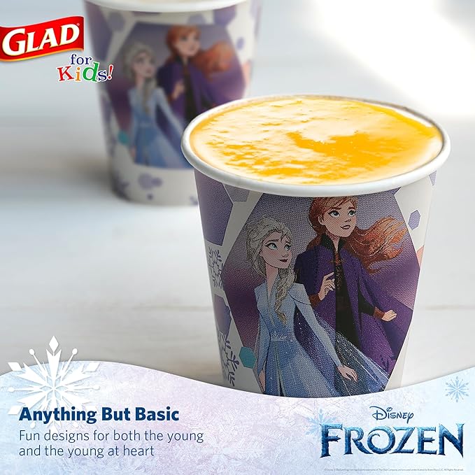 Glad for Kids Disney Frozen Disposable Paper Cups, Anna and Elsa - Heavy Duty Soak-Proof Kid-Friendly Drinking Cups, Great for Everyday Meals and Snacks, 9 oz, 24 Count