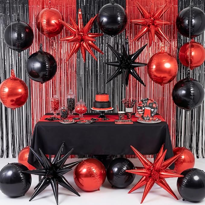 Seenelling 25 Pcs Red and Black Graduation Party Decorations 2026 Sets 22 Inch 4d Large Stars Balloons with Metallic Tinsel Foil Fringe Backdrop Curtains for Birthday Anniversary Wedding Decor