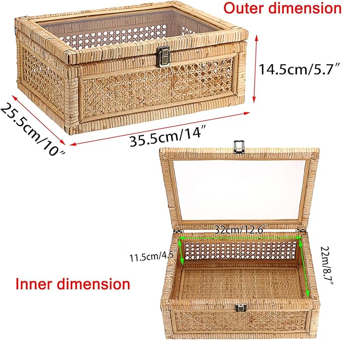 Hipiwe Vintage Decorative Box with Clear Lid Rattan and Wood Display Boxes Handcrafted Shelf Basket Bin Large Wicker Storage Basket Rectangular keepsakes Box for Bathroom Home Decor, 14x10x5.7 inch