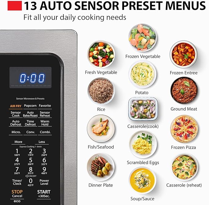 Toshiba Air Fryer Combo 4-in-1 Countertop Microwave Oven, Smart Sensor, Convection, Mute Function, Position Memory 13.6" Turntable, 1.5 Cu Ft, 1000W, Black, ML-EC42P(BS)