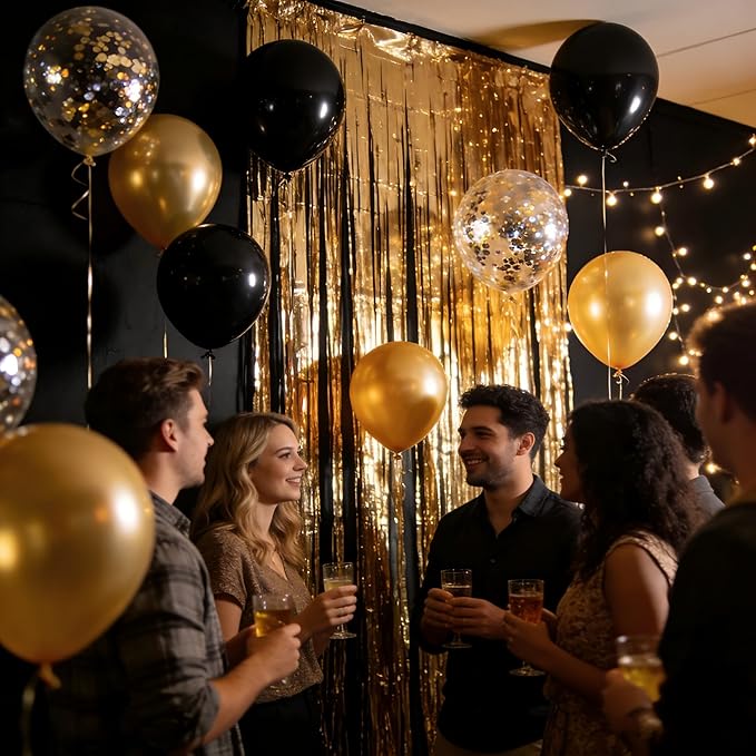Gold Foil Fringe Curtain Party Decoration Kit, 2 Pack Metallic Backdrop with Gold & Black Balloons, Balloon Garland Accessories for Birthday, Wedding, Photo Booth, Holiday Parties