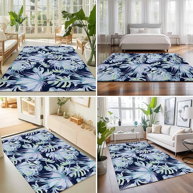 Area Rug 9x12ft, Watercolor Blue Teal Palm Leaves Washable Rugs for Living Room Bedroom Rectangle Floor Carpet, Abstract Botanical Soft Non-Slip Area Rugs for Dining Room