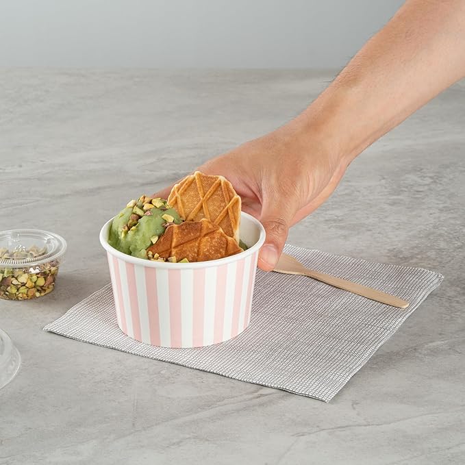 Restaurantware-Coppetta 12-Ounce Dessert Cups, 50 Disposable Ice Cream Cups - Lids Sold Separately, Sturdy, Pink And White Paper FroYo Bowls, For Hot And Cold Foods, Perfect For Gelato Or Mousse