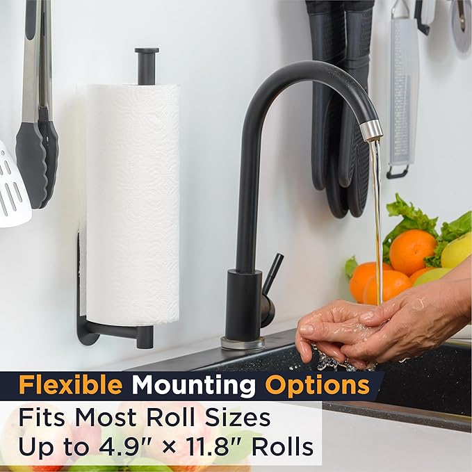 Deiss Pro Paper Towel Holder – Under Cabinet, Wall Mount, or Countertop – Rust-Resistant Stainless Steel, One-Handed Tear Design, Space-Saving Paper Towel Dispenser, Towel Holder for Kitchen