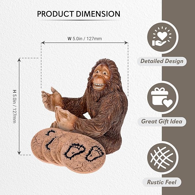 Pine Ridge Rustic Chic Drink Coaster Set with Holder for The Man Cave Old West Decor Rustic Hunter Cabin Theme Cabin Dining Furniture Gun Gifts for Men (Bigfoot Sasquatch Brown)