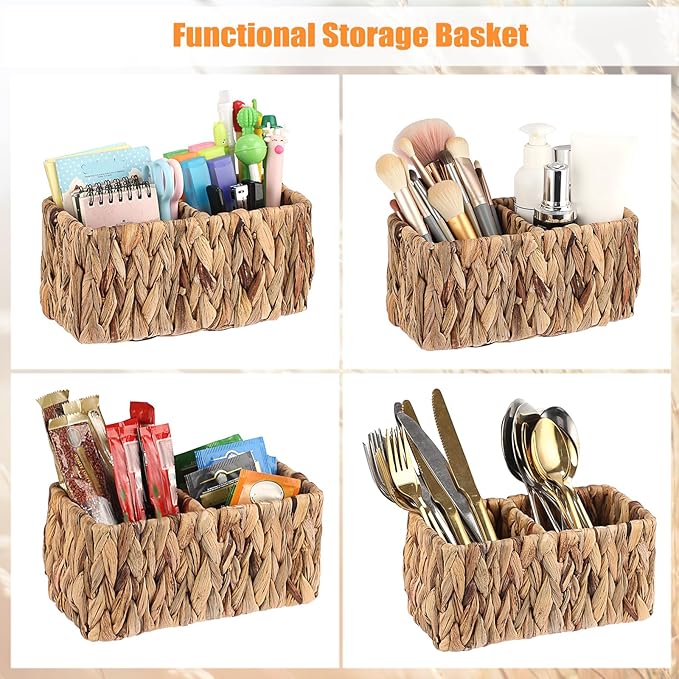 BTSKY Handwoven Remote Control Holder for Table, Natural Water Hyacinth Remote Organizer Caddy Small Wicker Storage Basket, 2-Compartment Office Supplies Desk Organizer Rustic Makeup Brushes Holder