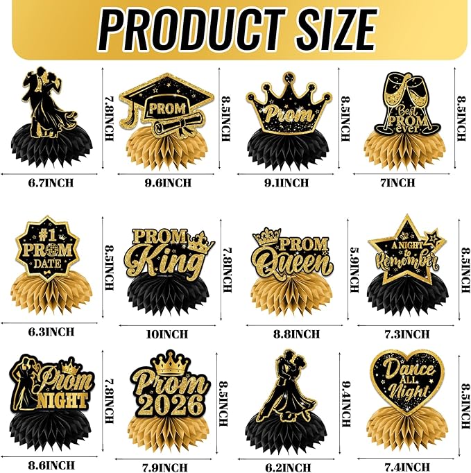 Prom Decorations 2026 Honeycomb Centerppieces, 12Pcs Black and Gold Prom Centerpieces for Table Prom Night Table Decorations High School College Graduation Celebration Prom Party Favors