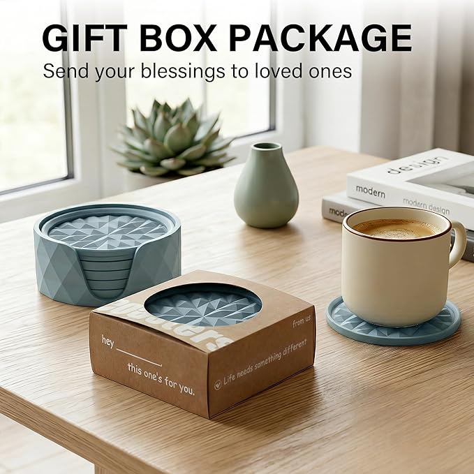 Silicone Coasters for Drinks[6 Pack]- Cup Mat with Holder for Tabletop Protection-Non-Slip, Non-Stick, Coffee Table Decor, Great Gift for Any Occasion, Light Blue