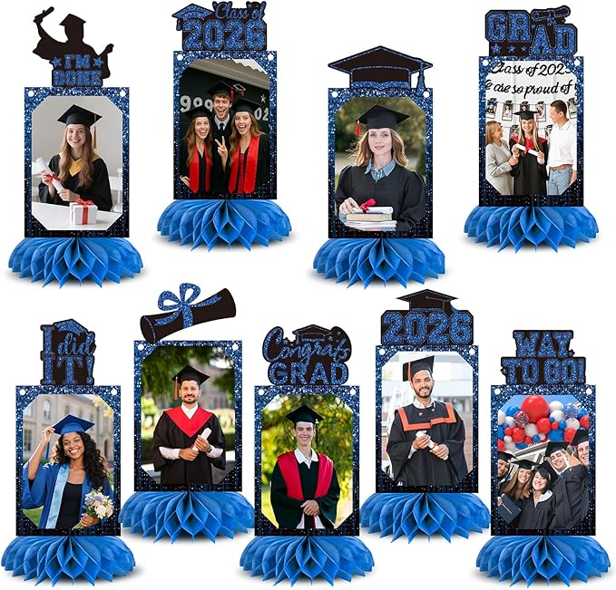 9 PCS Graduation Party Decorations Class of 2026 Honeycomb Centerpieces, Honeycomb Centerpieces for Graduation Photo Toppers Table Decorations. (Grad.Blue)