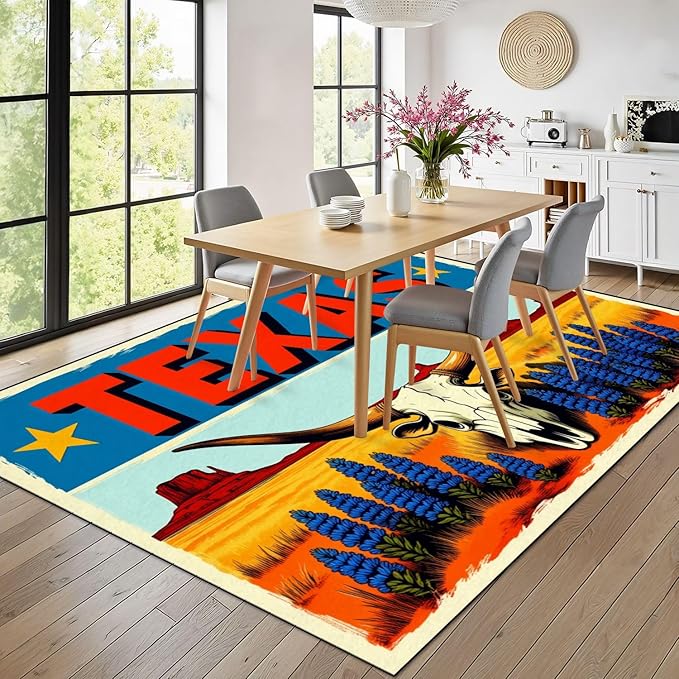 8x10 Area Rugs for Bedroom Boho Washable Man Cave Rug for Living Room Texas Desert Landscape Longhorn Skull Bluebonnets Bold Retro Soft Rubber Backed Non-Slip Large Carpets for Boys