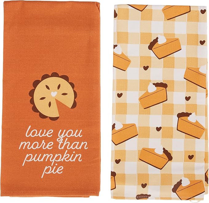 Pearhead Pumpkin Pie Dish Towels, Set of 2 Thanksgiving Kitchen Towels, Fall Décor with Pumpkin Pie Print and “Love You More Than Pumpkin Pie” Design, Seasonal Tea Towel Gift