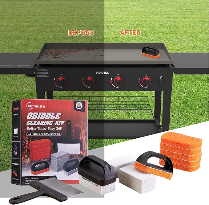 12 PCS Griddle Cleaning Kit for Blackstone, Heavy Duty Flat Top Grill Brush Set with Scraper & Stone – Complete BBQ Accessories for Outdoor Camping