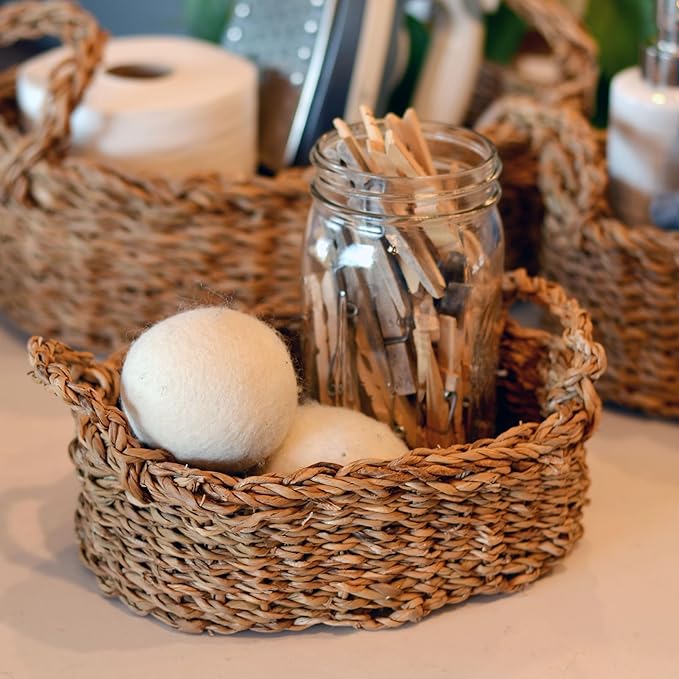WHW Whole House Worlds Seagrass Baskets, Set of 3, Thick Chunky Sweater Weave, Decorative Vanity Organizers, Closet Storage Bins, Oval, 13.75, 11.75, and 9.5 Inches