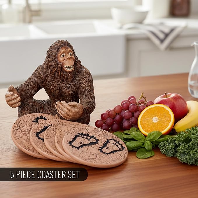 Pine Ridge Rustic Chic Drink Coaster Set with Holder for The Man Cave Old West Decor Rustic Hunter Cabin Theme Cabin Dining Furniture Gun Gifts for Men (Bigfoot Sasquatch Brown)