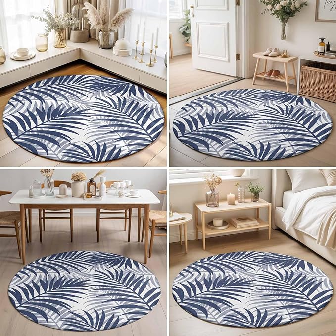 Washable Round Area Rug Abstract Navy Blue Palms Leaves Circle Rugs Floor Carpet for Living Room Bedroom, Summer Botantical Soft Non Slip Round Rug 3ft