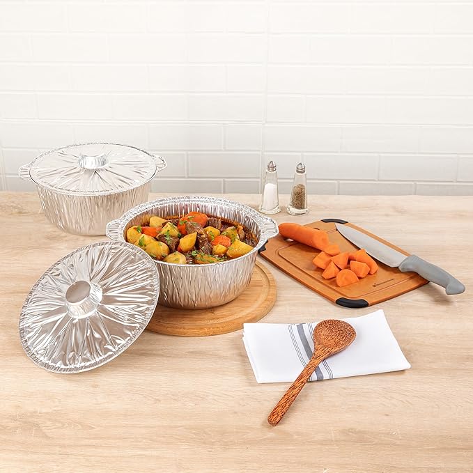 Foil Lux 3.5 Quart Pans And Lids, 100 Disposable Pots With Lids - Oven-Ready, Stove Compatible, Aluminum Foil Baking Pans, Freezable, For Outdoor Camping, Vacation, Picnic, And More - Restaurantware