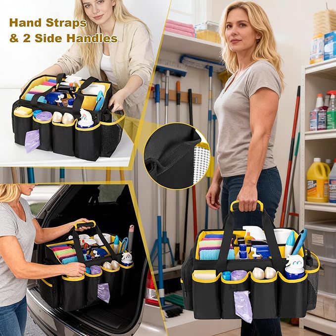 PGmoon Extra-Large Cleaning Caddy Organizer with Handle, Cleaning Supplies Tote Bag Built-in Support Boards, Cleaning Tool Organizer for Cleaners, Housekeepers, Kitchen Cleaning Supplies
