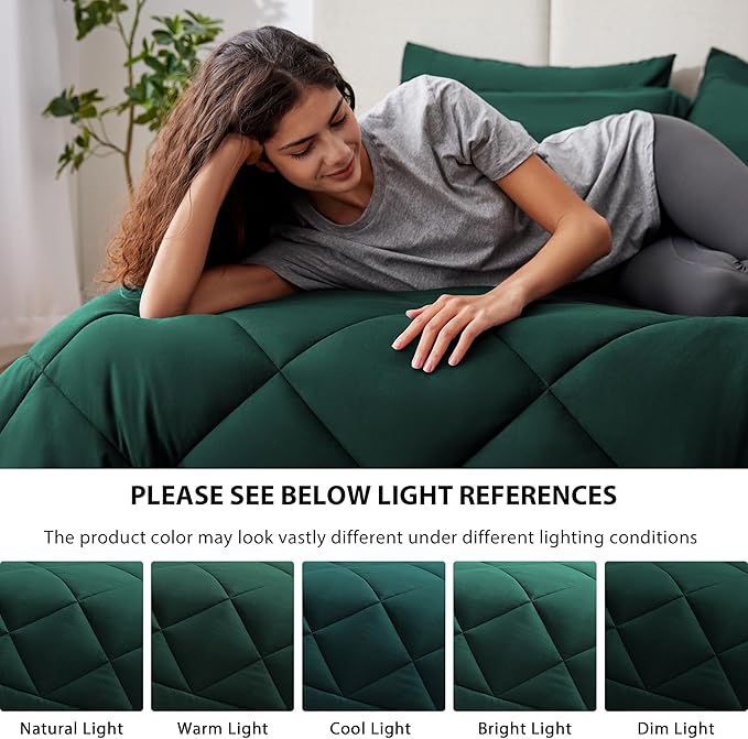 Love's cabin King Size Comforter Set Dark Green, 7 Pieces King Bed in a Bag, All Season Bedding Sets with 1 Comforter, 1 Flat Sheet, 1 Fitted Sheet, 2 Pillowcase and 2 Pillow Sham | Soft, Breathable, Lightweight, Comfortable
