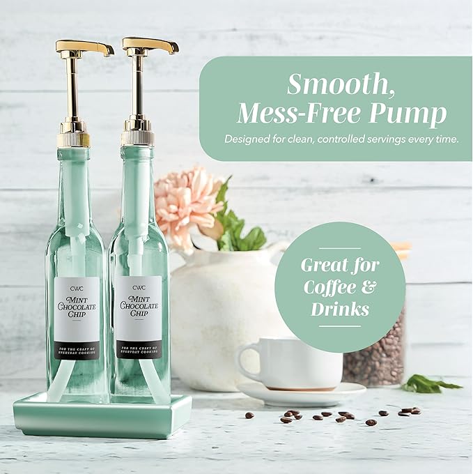 COOK WITH COLOR Glass Coffee Syrup Dispenser with Pump- Set of 2 Syrup Bottles for Coffee Bar, Decorative 350 ML Bottle with Ceramic Holder, Funnel, Labels and Extra Pumps, Sage