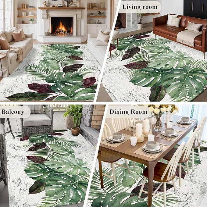 Area Rug 8x10ft, Summer Green Monstera Palm Leaves Washable Rugs for Living Room Bedroom, Vintage Botantical Soft Non-Slip Area Rugs Rectangle Floor Carpet for Dining Room