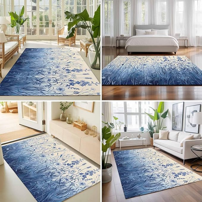 Area Rug 8x10ft, Vintage Boho Blue Wildflowers Meadow Washable Rugs for Living Room Bedroom, Abstract Flower Soft Non-Slip Area Rugs Rectangle Floor Carpet for Dining Room
