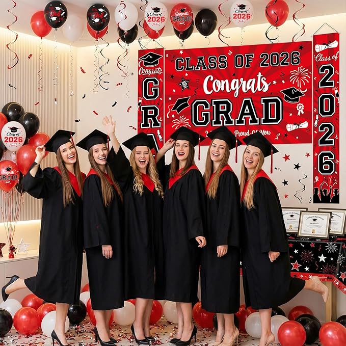 Graduation Decorations Class of 2026 - Red Graduation Party Supplies with Congrats Grad Backdrop & Banner, Hanging Swirls, Porch Sign, Balloons for High School & College Celebrations