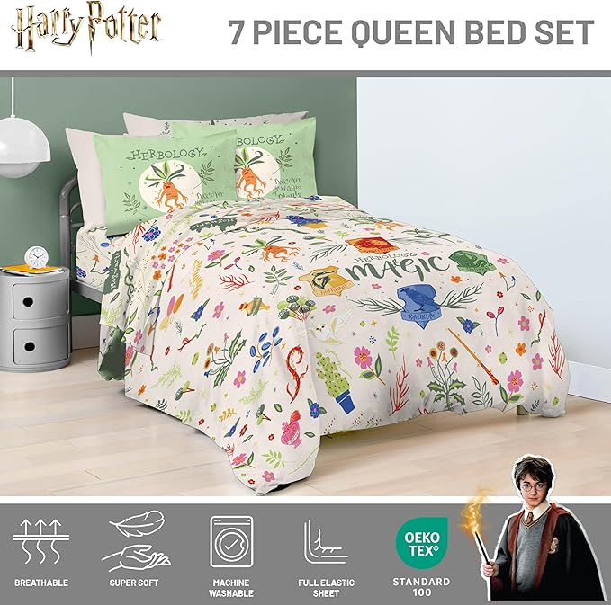 Jay Franco Harry Potter Queen Size Comforter Set - 7 Piece Bedding Includes Sheet Set & Pillow Covers - Super Soft Hogwarts Herbology Bedding