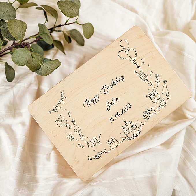 Creative Deco Personalized Wooden Storage Box Birthday Box | 11.8x7.87x5.51in (+-0.5) | Minimalistic Design | Hinged Lid Handles & Engraving | Birthday Gift Box | UNSANDED Keepsake Memory Souvenir