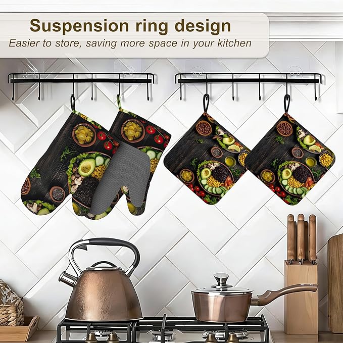Healthy Food Oven Mitts and Pot Holders Set of 4,Kitchen Glove Heat Resistant Oven Mitts with Non-Slip Silicone for Baking, Cooking, BBQ