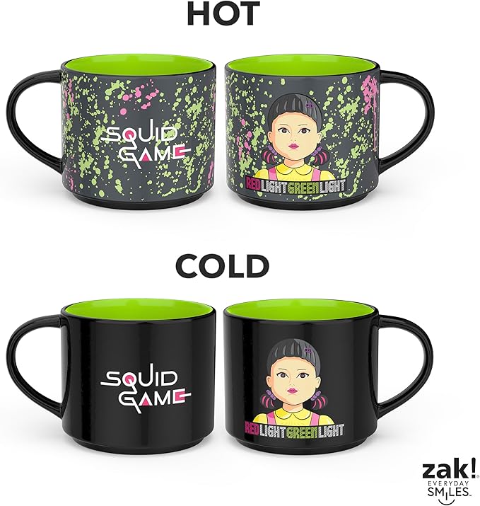 Zak Designs Squid Game Unique Color Change Ceramic Coffee Mug for Hot Drinks, Collectible Keepsake (17 oz, Red Light Green Light)