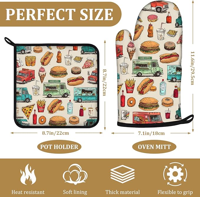 Funny Trucks Oven Mitts and Pot Holders Sets 4Pcs Fast Food Snacks Silicone Kitchen Gloves Heat Resistant Potholders for Baking Cooking Grilling BBQ
