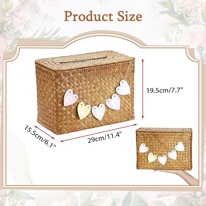 Hipiwe Handwoven Decorative Wedding Card Basket Card Receiving Box with Slot for Bridal Shower Retirement Anniversaries Decorative Card Holder, Caramel Color