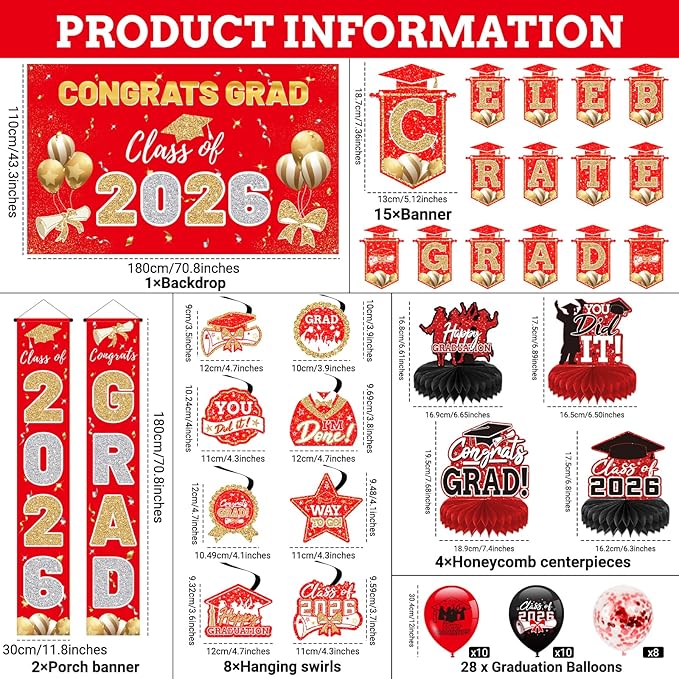 Red 2026 Graduation Party Decor Kit-Includes Backdrop, Banner, Balloons, Hanging Ornaments & Honeycomb Decorations for Class of 2026 -Full Set for High School and University Graduation Events