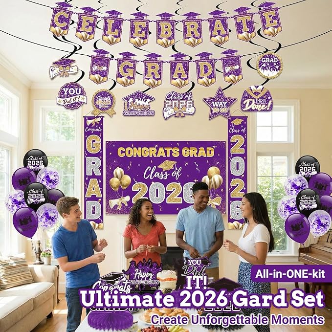 Purple 2026 Graduation Party Decor Kit-Includes Backdrop, Banner, Balloons, Hanging Ornaments & Honeycomb Decorations for Class of 2026 -Full Set for High School and University Graduation Events