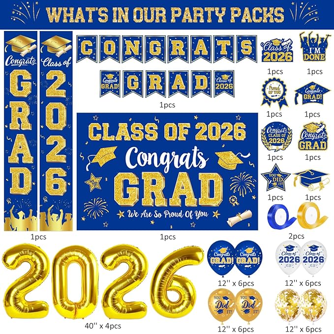 Graduation Decorations Class of 2026 - Blue and Gold Party Supplies with Congrats Grad Backdrop & Banner, Hanging Swirls, Porch Sign, Balloons for Graduation Decorations bjb-2-lanjin