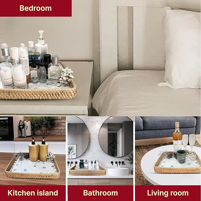Rattan Rectangle Tray with Mother of Pearl Inlay, Unique Decorative and Serving Tray for Outdoor,Bathroom, Kitchen, Vanity, Perfume, or Coffee Table (Combo Fin 13"&11.8")