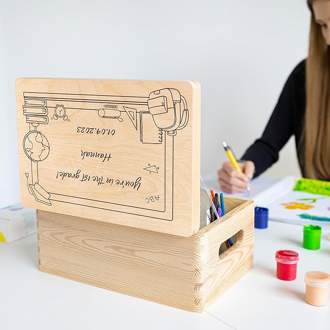 Creative Deco Personalized Wooden Storage Box School Box Minimal | 11.8 x 7.87 x 5.51 in (+-0.5) | Multiple Choice | Hinged Lid Handle Engraving | Unpainted Gift Box | UNSANDED Keepsake Souvenir Chest