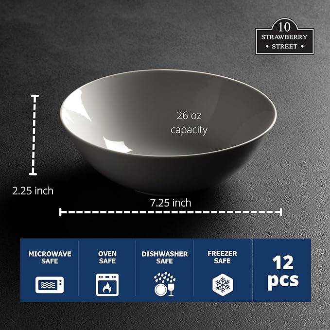 10 Strawberry Street 7" Catering Coupe Cereal Bowl, Set of 12,White