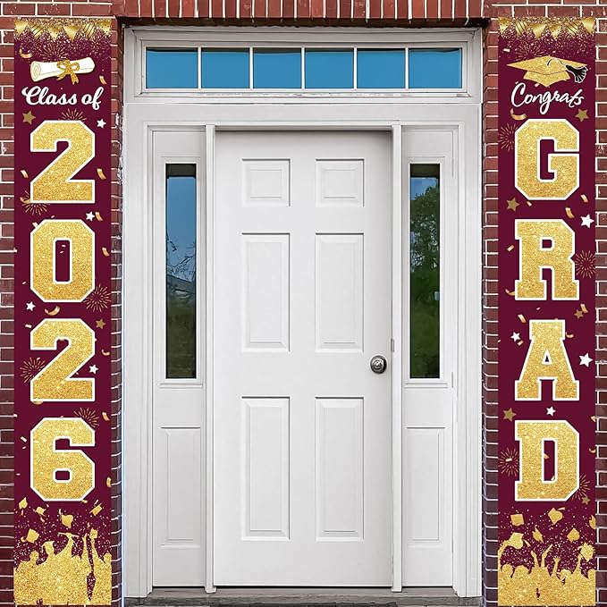 2026 Graduation Party Decorations - Maroon Gold Class of 2026 Congrats Grad Porch Sign Banner Hanging Flag Graduation Party Supplies for School College Classroom Decor