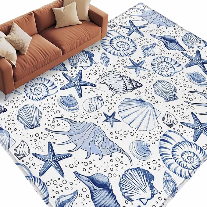 Area Rug 6x9ft, Navy Blue Starfish Conch Shell Seamless Washable Rugs for Living Room Bedroom, Summer Ocean Bubbles Soft Non-Slip Area Rugs Rectangle Floor Carpet for Dining Room