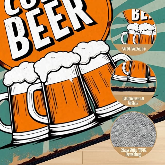 8x10 Area Rugs for Bedroom Boho Washable Man Cave Rug for Living Room Vintage Cold Beer Beer Mugs Retro Sunburst Soft Rubber Backed Non-Slip Large Carpets for Boys