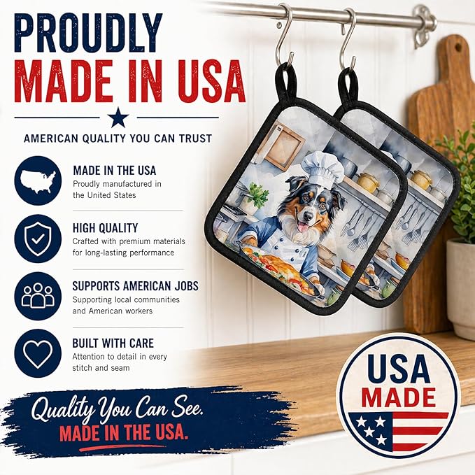 Caroline's Treasures Australian Shepherd The Chef Pair of Pot Holders Kitchen Heat Resistant Pot Holders Sets Oven Hot Pads for Cooking Baking BBQ, 7 1/2 x 7 1/2