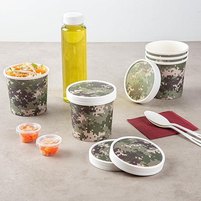 Restaurantware LIDS ONLY: Bio Tek Soup Container Lids 200 Disposable Bowl Lids For 12 Ounce Soup Cups - Containers Sold Separately Vented Camouflage Paper Soup Container Lids Round